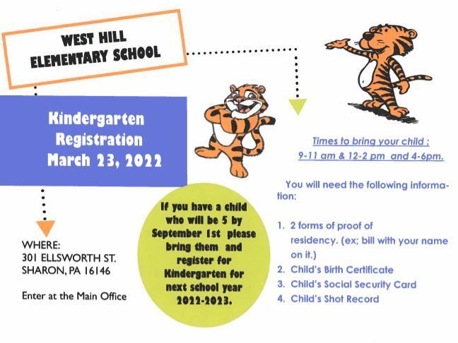 Kindergarten Registration at West Hill Elementary School March 23, 2022